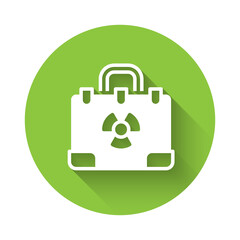 White Radiation nuclear suitcase icon isolated with long shadow background. Green circle button. Vector