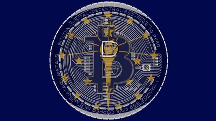 Large transparent Glass Bitcoin in center and on top of the US State Flag of Indiana