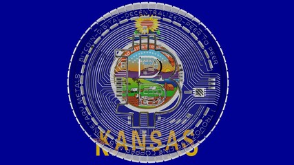 Fototapeta na wymiar Large transparent Glass Bitcoin in center and on top of the US State Flag of Kansas