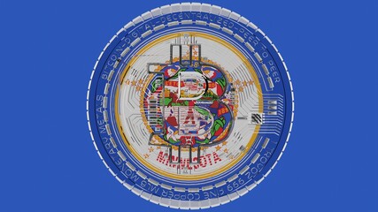 Large transparent Glass Bitcoin in center and on top of the US State Flag of Minnesota
