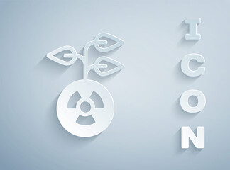 Paper cut Radioactive icon isolated on grey background. Radioactive toxic symbol. Radiation hazard sign. Paper art style. Vector