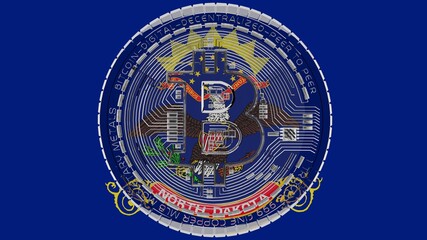 Large transparent Glass Bitcoin in center and on top of the US State Flag of North Dakota