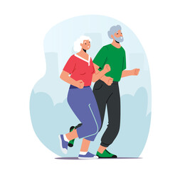Couple of Senior Characters in Sportswear Run Together, Doing Exercises. Pensioners Outdoors Activity and Sport, Fun