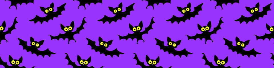 Flying bats seamless pattern. Cute Spooky vector Illustration. Halloween backgrounds and textures in flat cartoon gothic style. Black silhouettes animals on sky