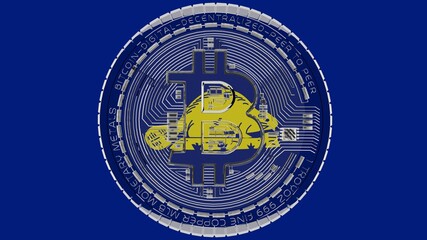 Large transparent Glass Bitcoin in center and on top of the US State Flag of Oregon (Back)
