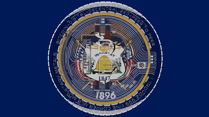 Large transparent Glass Bitcoin in center and on top of the US State Flag of Utah