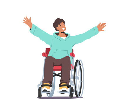 Disabled Man Sitting In Wheelchair Isolated On White Background. Character Disability, Paralyzed Handicapped Person