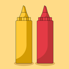 Vector illustration of ketchup and mustard bottles isolated on yellow background. Set of sauces for bbq, burgers, fries and other junk food. Vector illustration