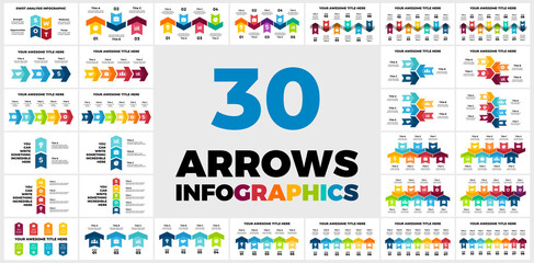 Fototapeta na wymiar 30 Arrows Vector Infographics. Presentation slide templates. Circle chart diagrams and timelines. Perfect for marketing or business project.