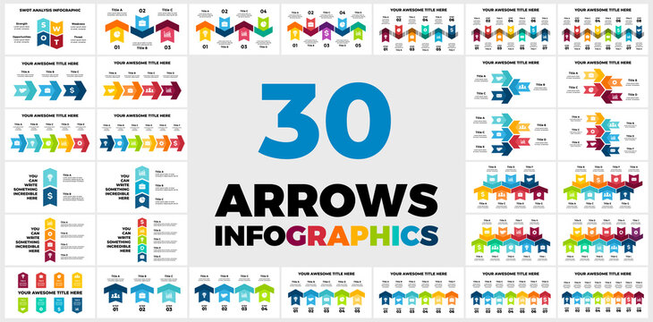 30 Arrows Vector Infographics. Presentation slide templates. Circle chart diagrams and timelines. Perfect for marketing or business project.