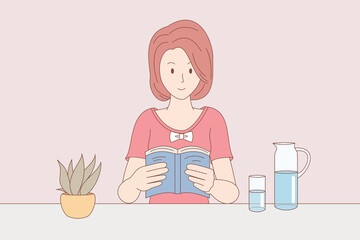 Cartoon vector illustration of a woman sitting at home reading a book with a glass of water and a potted plant beside it.pastel style