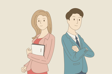 Fototapeta premium business team cartoon vector illustration A woman holding a laptop and a man stand, work together in the company.style pastel