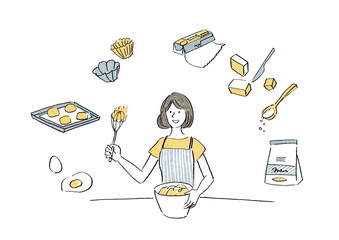 お菓子を作る女性と材料