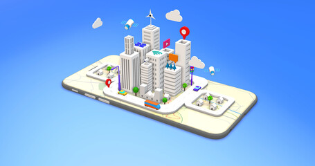 Isometric 3D Futuristic Smart City On Smart Phone. Artificial Intelligence. Technology Related 3D Illustration Render.