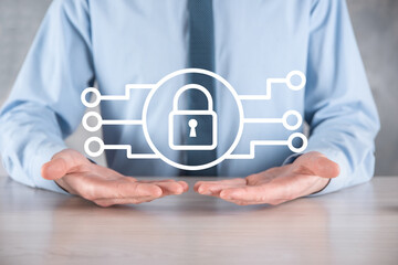 Cyber security network. Padlock icon and internet technology networking. Businessman protecting...
