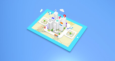 3D Buildings On Smart Tablet. Futuristic Life With Artificial Intelligence. Technology Related 3D Illustration Render.