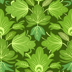 Fototapeta na wymiar Green vegetable seamless pattern. Leaves. Beautiful ornament with interlacing branches and flowers. Flatly symbolic style. Background illustration. Country wild herbs. Vector
