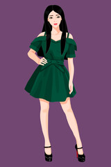 vector cartoon fashion model in green dress