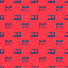 Blue line Wooden barrel for wine icon isolated seamless pattern on red background. Vector