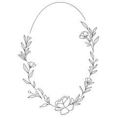 Floral Wreath branch in hand drawn style. Floral round black and white frame of twigs, leaves and flowers. Frames for the Valentine's day, wedding decor, logo and identity template.