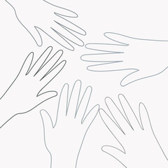 The outline of hands reaching out to each other. A united community of people. Cultural and ethnic diversity. Concept of friendship and peace between peoples. Vector design of postcard, banner