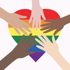 Vector illustration of the LGBT community. Hands of different colors on a rainbow heart. LGBTQ symbolism and colors. Human rights and tolerance. Happy Pride Month. Postcard, banner design