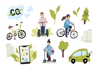 Eco Urban City Transport Set. Woman riding electric kick scooter, bicycles, using rental service mobile app. People using green Transportation. Ecology Concept. 