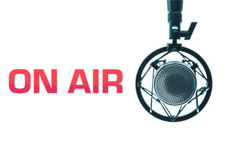 microphone in radio station studio and on air sign