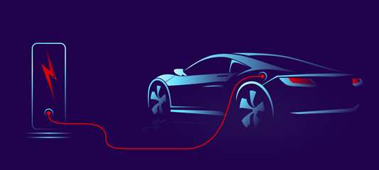 Electric car with charging stations by sketch line rear view. Sportcar isolated on dark background. Vector illustration