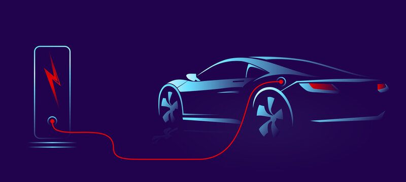 Electric Car With Charging Stations By Sketch Line Rear View. Sportcar Isolated On Dark Background. Vector Illustration