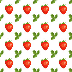 Seamless background with red strawberries and leaves. Cute summer or spring print. Festive decoration for textiles, wrapping paper and design. Vector flat illustration