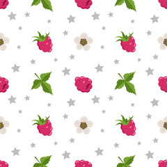 Seamless pattern with raspberries, flowers and leaves. Cute print of summer or spring berries with stars. Cute holiday decoration for textiles, wrapping paper and design. Vector flat illustration