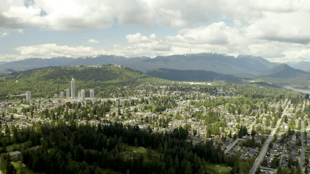 Aerial shot of Tri-Cities on background in Vancouver, British Columbia, Canada, Coquitlam