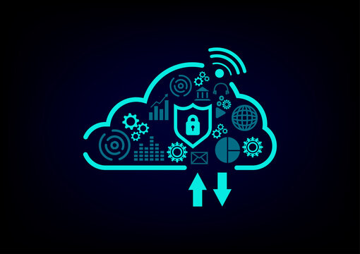 Cloud data storage concept. Cloud computing, wifi, money, data and lock security Communication of business and financial.