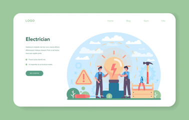 Electrician web banner or landing page. Electricity works service worker