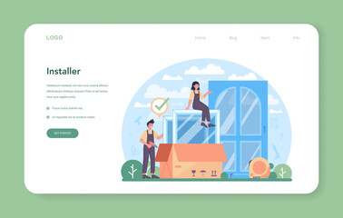 Installer web banner or landing page. Worker in uniform installing window