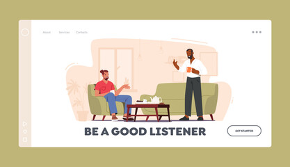 Couple of Friends Drinking Tea at Home Landing Page Template. Men Sitting on Couch with Hot Beverages and Communicating