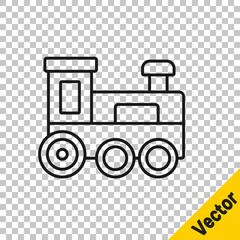 Black line Toy train icon isolated on transparent background. Vector