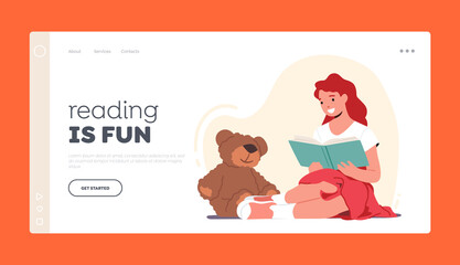 Kid Studying Landing Page Template. Girl Character Reading Books to Soft Bear Toy. Back to School, Lesson, Education