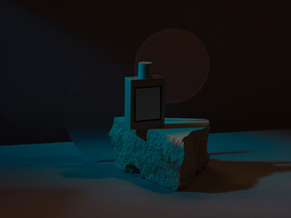 Glass perfume bottle with round glass plate on stone podium illuminated with hard light