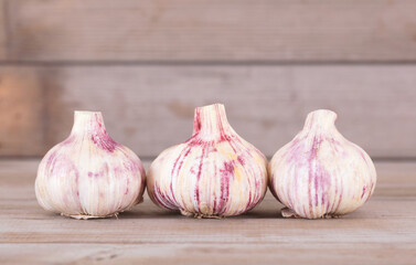 Three heads of fresh garlic lined up in a row