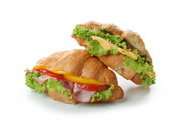 Tasty croissant sandwiches isolated on white background