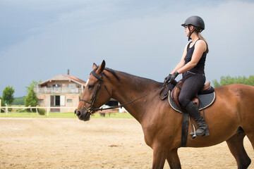 A girl in black on a horse at a riding school