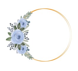 watercolor blue roses with circle gold frame