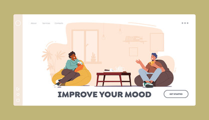 Characters Chatting, Leisure, Relaxed Sparetime Landing Page Template. Couple of Friends Sitting on Couch, Drinking Tea