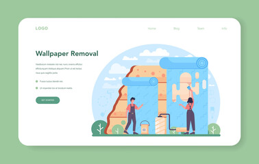 Wall papering web banner or landing page. Worker gluing wallpapers