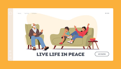 Happy Family Characters Laughing Landing Page Template. Grandfather Telling Stories to Children Spending Time Together