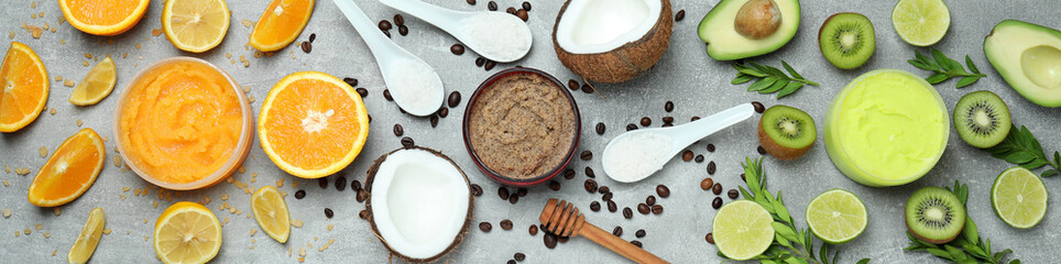 Skin care scrub concept on gray textured background