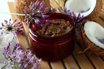 Skin care scrub concept on wooden background