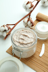 Skin care scrub concept on white background